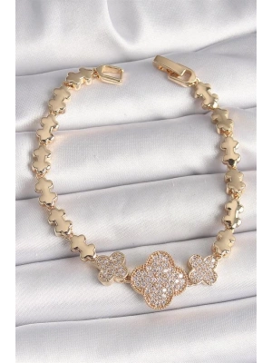 Pirinç Gold Renk Zirkon Taşlı Yonca Model Zincir Kadın Bileklik