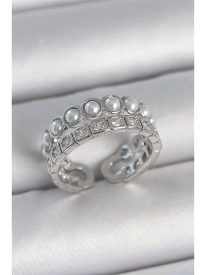 Pirinç Gümüş Renk 2Li Sıra Zirkon Taşlı Ve İncili Ayarlanabilir Kadın Yüzük