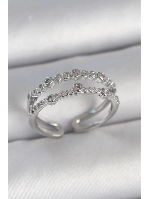 Pirinç Gümüş Renk 2Li Zirkon Taşlı Ayarlanabilir Model Kadın Yüzük