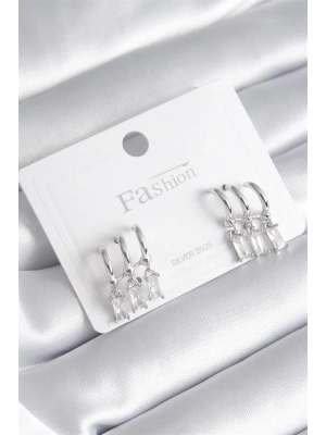 Pirinç Gümüş Renk 3lü Sallantı Zirkon Taşlı Küpe