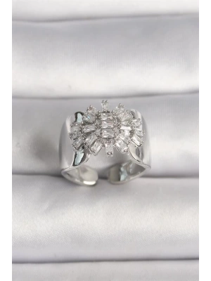 Pirinç Gümüş Renk Ayarlanabilir Baget Zirkon Taş Model Kadın Yüzük