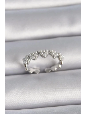 Pirinç Gümüş Renk Ayarlanabilir İncili Kalp Model Kadın Yüzük