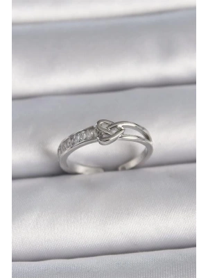 Pirinç Gümüş Renk Ayarlanabilir Zirkon Taşlı Düğüm Kalp Model Kadın Yüzük