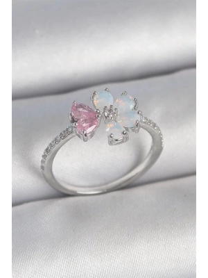 Pirinç Gümüş Renk Beyaz Mineli Pembe Zirkon Taşlı Çiçek Model Kadın Yüzük