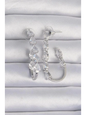 Pirinç Gümüş Renk Damla Zirkon Taş Tasarımlı Küpe