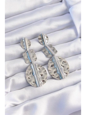 Pirinç Gümüş Renk Geometrik Ezme Plaka Küpe