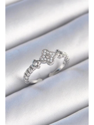 Pirinç Gümüş Renk İncili Yonca Model Zirkon Taş Detaylı Kadın Yüzük