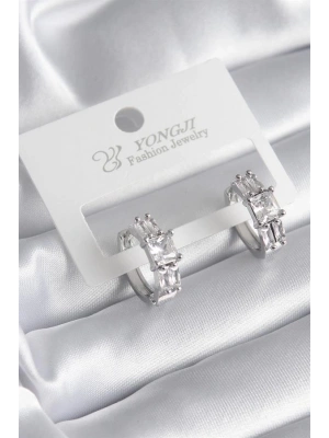 Pirinç Gümüş Renk Kare Zirkon Taşlı Kadın Küpe