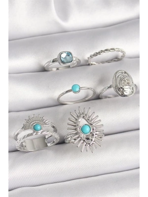 Pirinç Gümüş Renk Mavi Taşlı Kare Zirkon Taş Detaylı Kadın Yüzük Kombini