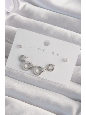 Pirinç Gümüş Renk Mineli Zirkon Taşlı Ay Yıldız Model Küpe Seti