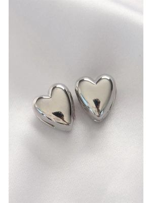 Pirinç Gümüş Renk Minimal Bombeli Kalp Küpe