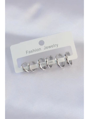 Pirinç Gümüş Renk Oval Bombeli Küpe Seti