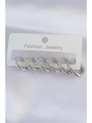 Pirinç Gümüş Renk Oval Küpe Seti