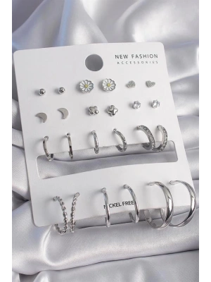 Pirinç Gümüş Renk Papatya Detaylı 12 Çift Kadın Küpe Seti