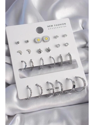 Pirinç Gümüş Renk Papatya Detaylı 12 Çiftli Kadın Küpe Seti