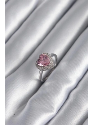 Pirinç Gümüş Renk Pembe Zirkon Taş Kalp Charm Model Kadın Yüzük