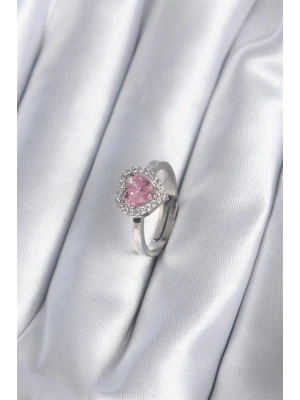 Pirinç Gümüş Renk Pembe Zirkon Taşlı Charm Model Kadın Yüzük