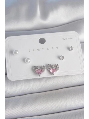 Pirinç Gümüş Renk Pembe Zirkon Taşlı Kalp Model İnci Detay 925 Ayar Gümüş Çivi Kadın Küpe Seti