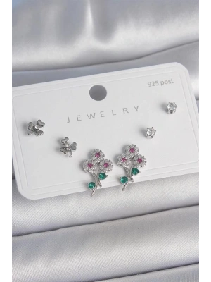 Pirinç Gümüş Renk Renkli Zirkon Taşlı Çiçek Model Yaprak Detay 925 Ayar Gümüş Çivi Kadın Küpe Seti