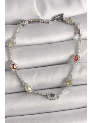 Pirinç Gümüş Renk Renkli Zirkon Taşlı Damla Taş Model Kadın Bileklik