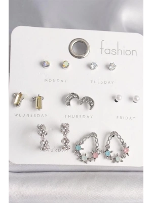 Pirinç Gümüş Renk Renkli Zirkon Taşlı Halka Damla Figür Hilal Detay 7 Çift Kadın Küpe Seti