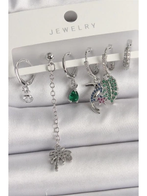 Pirinç Gümüş Renk Sallantı Zirkon Taşlı Ağaç Figür Çoklu Kadın Küpe Seti