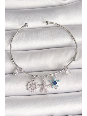 Pirinç Gümüş Renk Sallantı Zirkon Taşlı Deniz Yıldız Figür Charm Kadın Bileklik