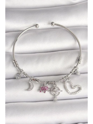 Pirinç Gümüş Renk Sallantı Zirkon Taşlı Gezegen Figür Kalp Detay Charm Kadın Bileklik