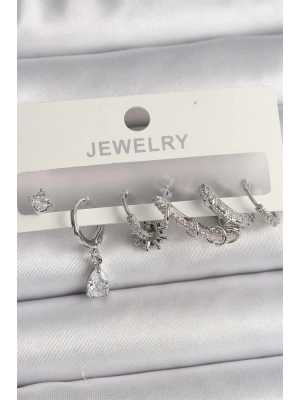 Pirinç Gümüş Renk Sallantı Zirkon Taşlı Halka Model Damla Taş Detay Kadın Küpe Seti