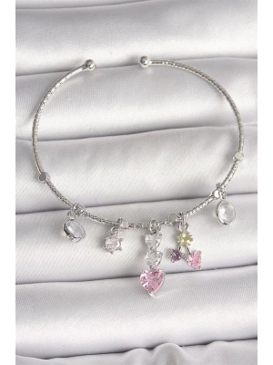 Pirinç Gümüş Renk Sallantı Zirkon Taşlı Kalp Figür Charm Kadın Bileklik