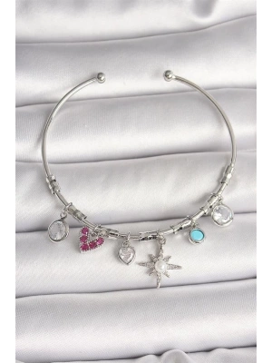 Pirinç Gümüş Renk Sallantı Zirkon Taşlı Kutup Yıldız Figür Kalp Detay Charm Kadın Bileklik