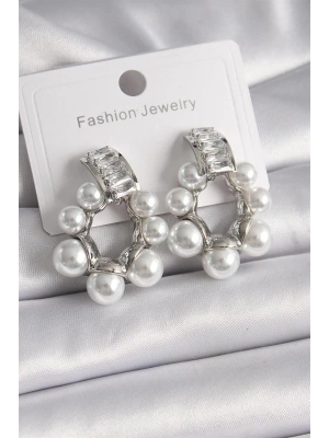 Pirinç Gümüş Renk Su Yolu Zirkon Taşlı İncili Halka Model Kadın Küpe