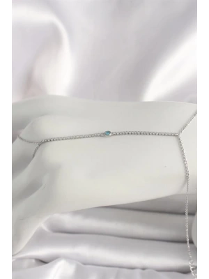 Pirinç Gümüş Renk Su Yolu Zirkon Taşlı Mavi Taş Detaylı Kadın Şahmeran