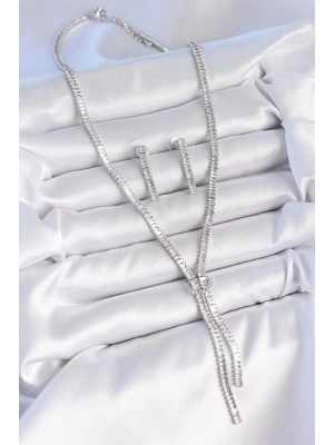 Pirinç Gümüş Renk Su Yolu Zirkon Taşlı VIP Seri Kadın Kolye Seti