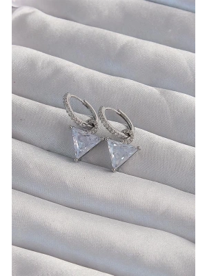 Pirinç Gümüş Renk Üçgen Zirkon Taşlı Sallantılı Halka Küpe