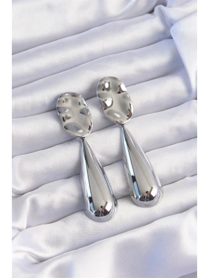 Pirinç Gümüş Renk Uzun Bombeli Ezme Plaka Küpe