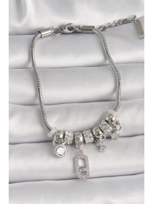 Pirinç Gümüş Renk Zincir Sallantı Zirkon Taşlı Messika Figür Yıldız Detay Kadın Bileklik