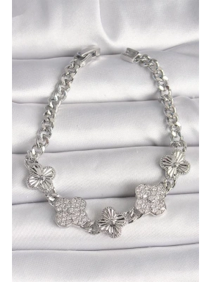 Pirinç Gümüş Renk Zincir Yonca Model Kadın Bileklik