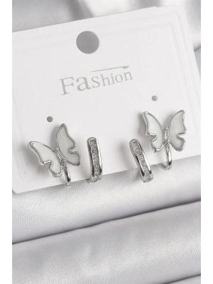 Pirinç Gümüş Renk Zirkon Taş Detaylı Beyaz Sedefli Kelebek Model Kadın Küpe