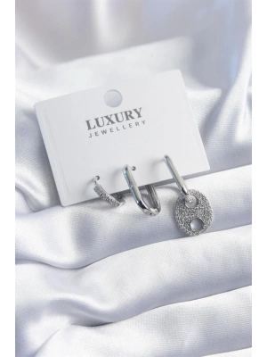 Pirinç Gümüş Renk Zirkon Taşlı 3lü Kadın Küpe Seti