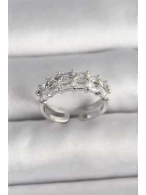 Pirinç Gümüş Renk Zirkon Taşlı Ayarlanabilir Yüzük