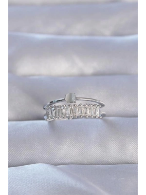 Pirinç Gümüş Renk Zirkon Taşlı Baget Su Yolu Model Ayarlanabilir Yüzük