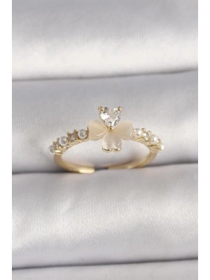 Pirinç Gümüş Renk Zirkon Taşlı Beyaz Mineli Yonca Model İnci Detay Ayarlanabilir Yüzük