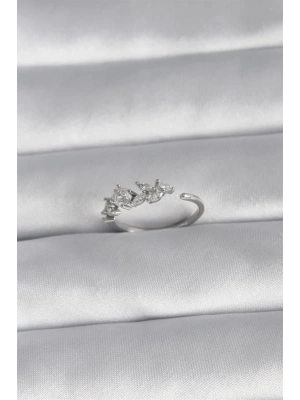 Pirinç Gümüş Renk Zirkon Taşlı Çiçek Model Kadın Yüzük