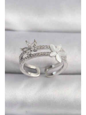 Pirinç Gümüş Renk Zirkon Taşlı Çiçek Model VIP Seri Kadın Yüzük