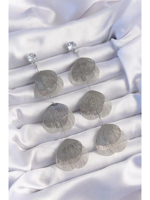 Pirinç Gümüş Renk Zirkon Taşlı Çizgi Plaka Sallantılı Küpe