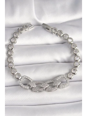 Pirinç Gümüş Renk Zirkon Taşlı Daire Zincir Model Kadın Bileklik