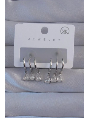 Pirinç Gümüş Renk Zirkon Taşlı Damla Model Çoklu Görünüm Yarım Halka Küpe