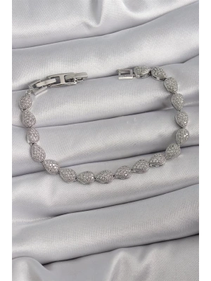 Pirinç Gümüş Renk Zirkon Taşlı Damla Model VIP Seri Kadın Bileklik