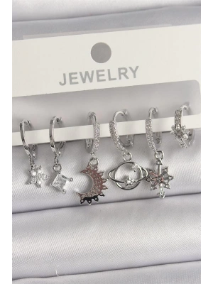 Pirinç Gümüş Renk Zirkon Taşlı Gezgen Model Kadın Küpe Seti